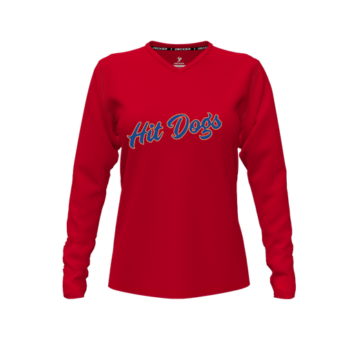 [CUS-DFW-TEES-PER-VNK-LSL-RED-FYXS-LOGO3] Decker Performance T-Shirt (Female Youth XS, Red, V Neck, Logo 3, Long Sleeve)